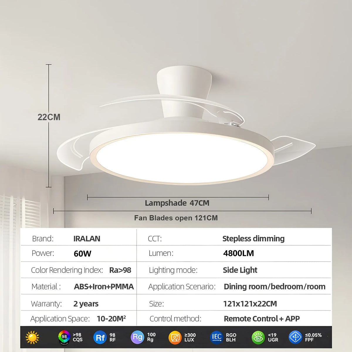Modern Ceiling Fan Sealing Fan Led Lighting Silent Invisible Blade Lamps Suitable for Living Room Dining Room Study Kitchen