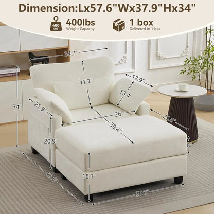 White Chenille Oversized Chaise Lounge with Ottoman 57.5 Inch Reading Chair Comfortable Sofa Bed for Indoor Furniture