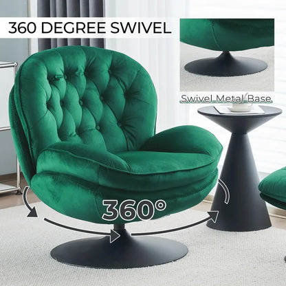 Green Velvet Swivel Chair and Ottoman Set for Living Room, Reading, TV Area, or Bedroom with 360-Degree Rotation