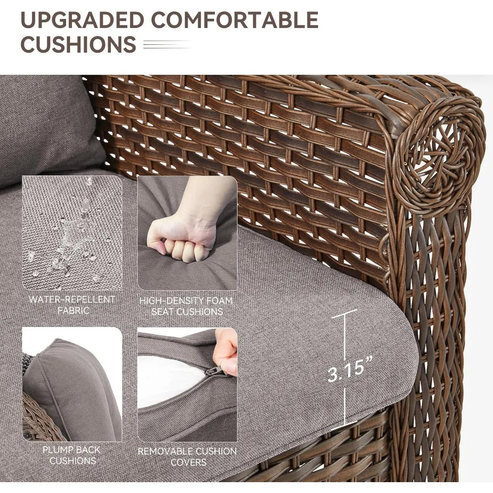 Wicker Sofa Brown Rattan Loveseat Outdoor Couch with Chrysanthemum Armrest & Water Resistant Cushions Sofa for Garden Balcony