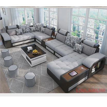 MANBAS U-Shaped Sectional Fabric Sofa Set - Modern Living Room Furniture with Storage, Built-in Side Tables, USB, and Cushions