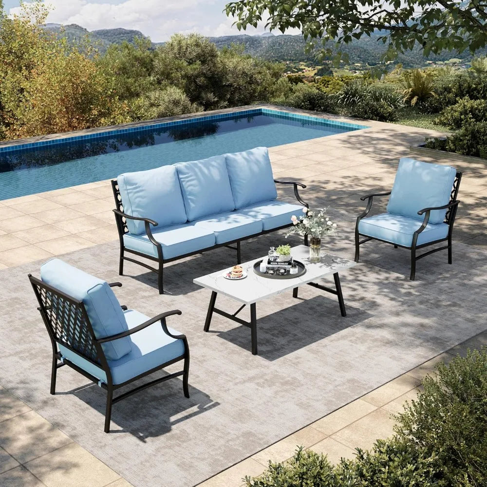 Furniture 4 Piece Patio Furniture Set, 2 X Metal Frame Cushioned Chair, 3-Seat Sofa With Marbling Coffee Table, All Weahter Oout