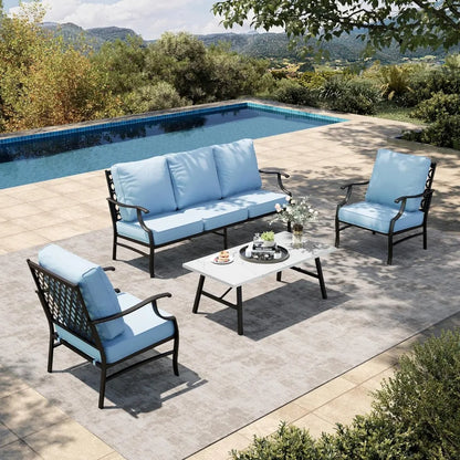 Furniture 4 Piece Patio Furniture Set, 2 X Metal Frame Cushioned Chair, 3-Seat Sofa With Marbling Coffee Table, All Weahter Oout
