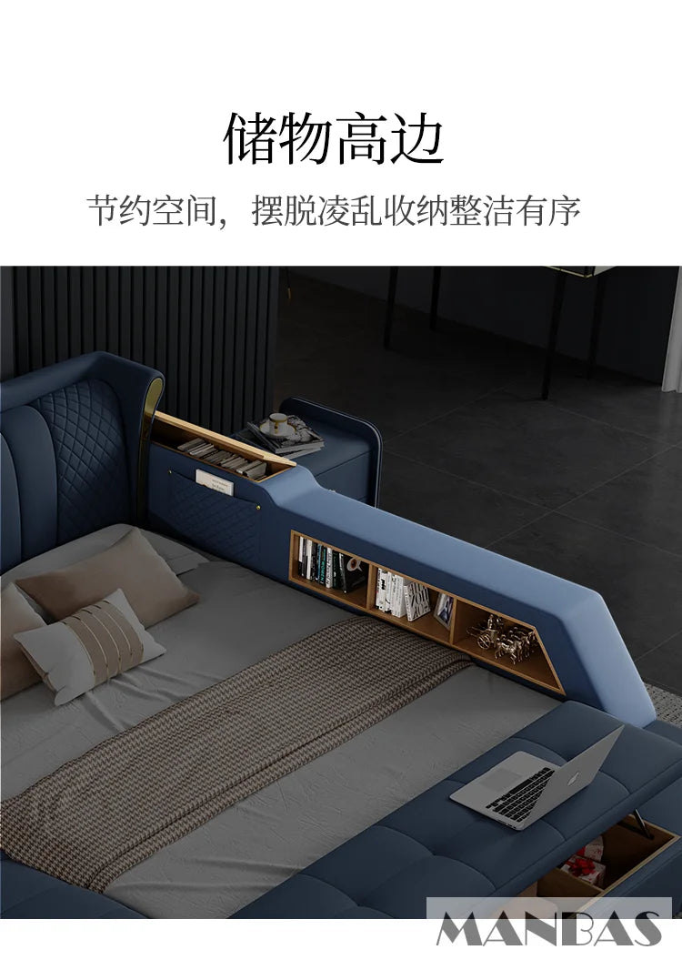 Tech Smart Bed 2 People with King Size Bed Frame Queen, Genuine Leather, Massage, USB, Bluetooth Speaker, and Safe By MINGDIBAO