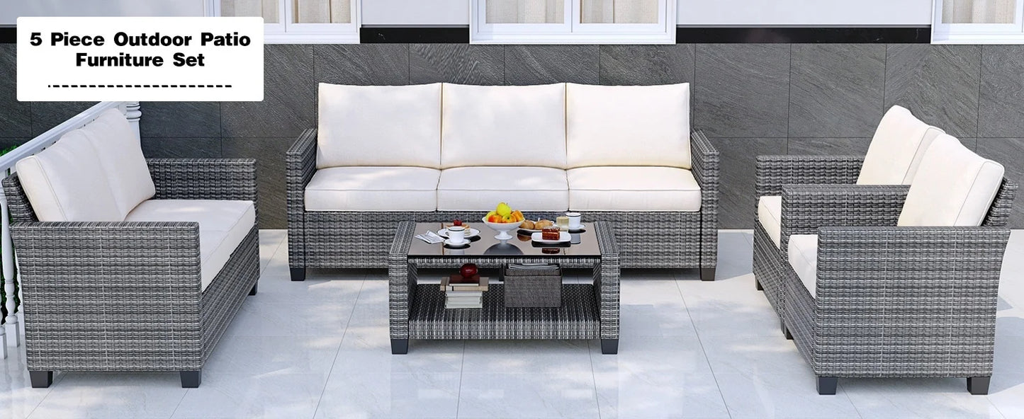 5 Piece Outdoor Patio Furniture Set with Coffee Table, Rattan Deck Conversation Sofa Set, All-Weather Sectional Rattan Sofa with