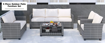 5 Piece Outdoor Patio Furniture Set with Coffee Table, Rattan Deck Conversation Sofa Set, All-Weather Sectional Rattan Sofa with