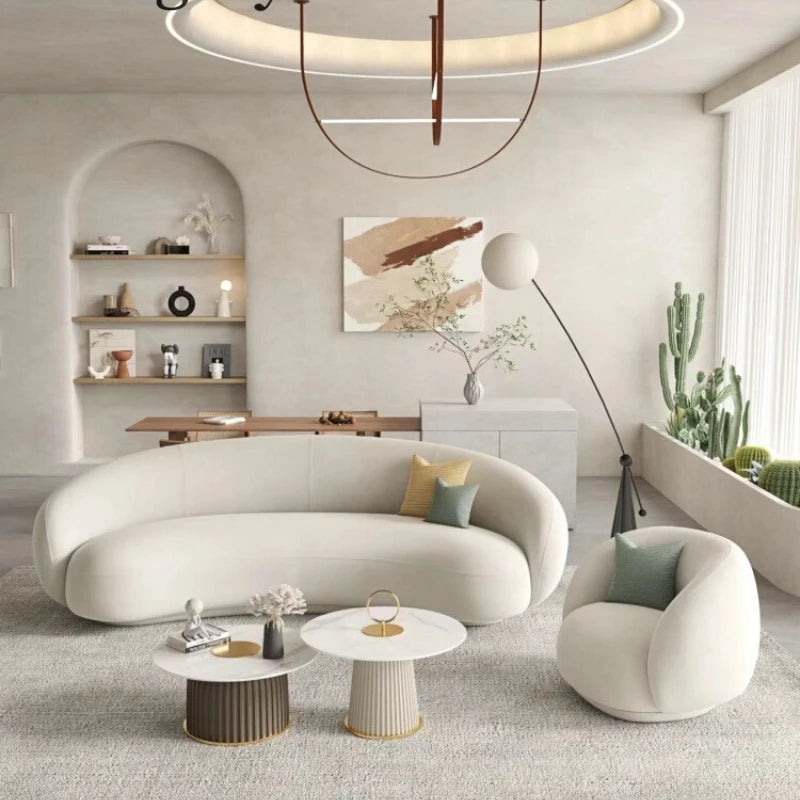 Margery Moon Minimalist Creative Living Room Sitting Area Reception Pea Lamb Fleece Curved Cashew Fabric Sofa
