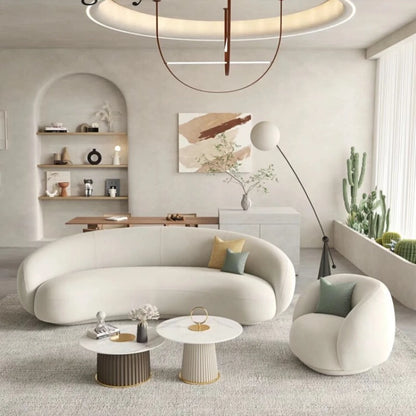 Margery Moon Minimalist Creative Living Room Sitting Area Reception Pea Lamb Fleece Curved Cashew Fabric Sofa