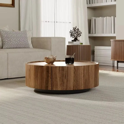 Simple living room coffee table, round wooden coffee table, wooden center, coffee table with drawers