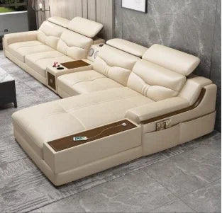 Living Room Sofa set furniture real genuine cow leather sofas bluetooth puff asiento muebles de sala canape L shape sofa cama