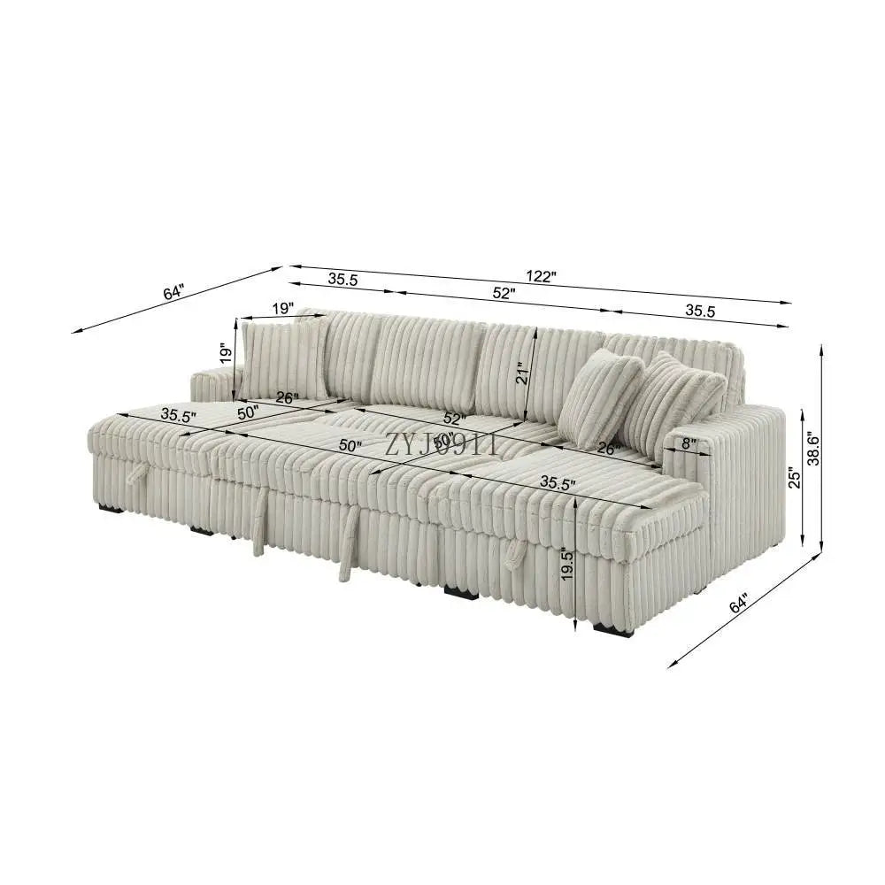 U-chair, 122-in-2 pull-out bed, living room with double storage sectional plush corduroy sofa