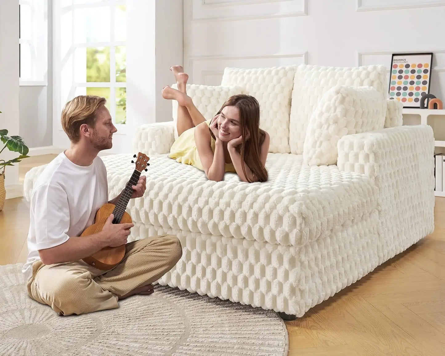 53 Inch Chaise Lounge Indoor, Upholstered Sofa Bed with Throw Pillows and Armrests, Sleeper Bed- Plush Lounge Chair for Living R