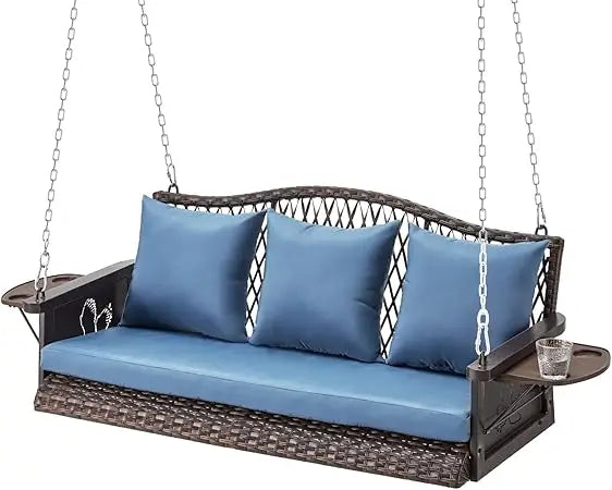 Upgraded Wicker Hanging Porch Swing, Heavy Duty 900 LBS 3-Seat Outdoor Patio Swing Chair Bench, for Adult w/ 8.9ft Hanging Chain