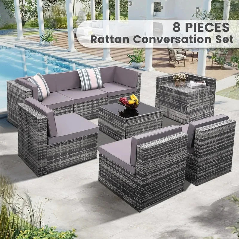 8-Piece Wicker Patio Sectional Set with Glass Top Table and Hidden Storage, Grey Rattan with Light Grey Cushions