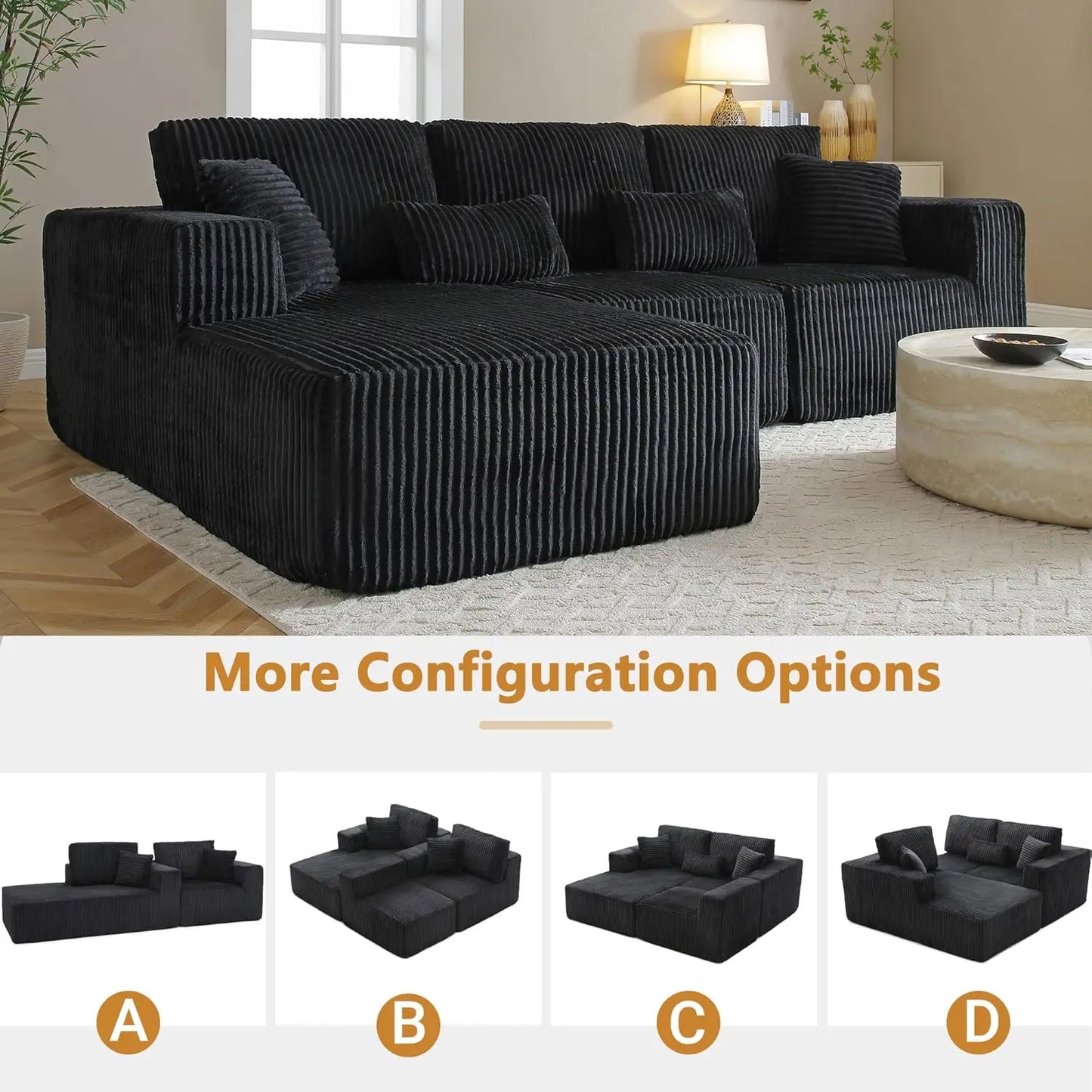 110" Cloud Sectional Couch, Modular Sectional Sofa with Deep Seat, Corduroy Upholstered Boneless Couch for Living Room Bedroom,