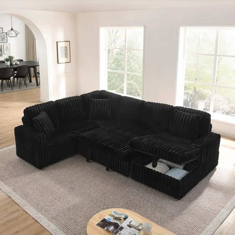 Modern Minimalist U-shaped Corduroy Striped Sofa with Pull-out Bed & Storage Chaise, Soft Black Couch for Stylish Living Room,