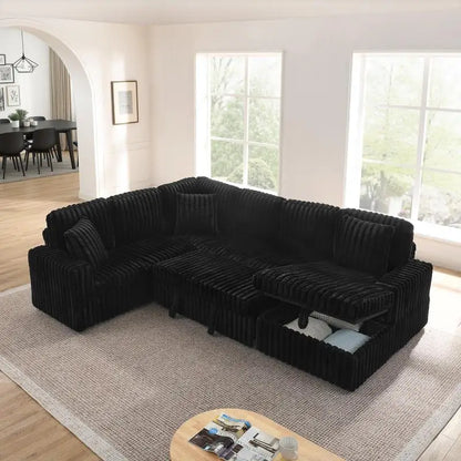 Modern Minimalist U-shaped Corduroy Striped Sofa with Pull-out Bed & Storage Chaise, Soft Black Couch for Stylish Living Room,