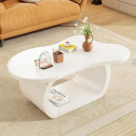 modern 31 inch round coffee table with sturdy base, wood center tables for living room reception room, easy assemble, white