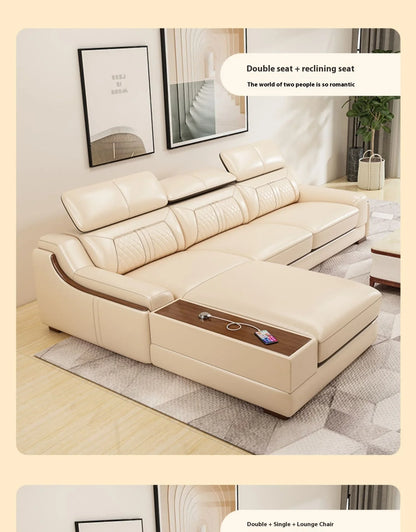 Stylish Italian Genuine Leather Sofa for Living Room with Cup Holder, USB, Adjustable Headrests & Bluetooth Speaker - Lazy Sofa