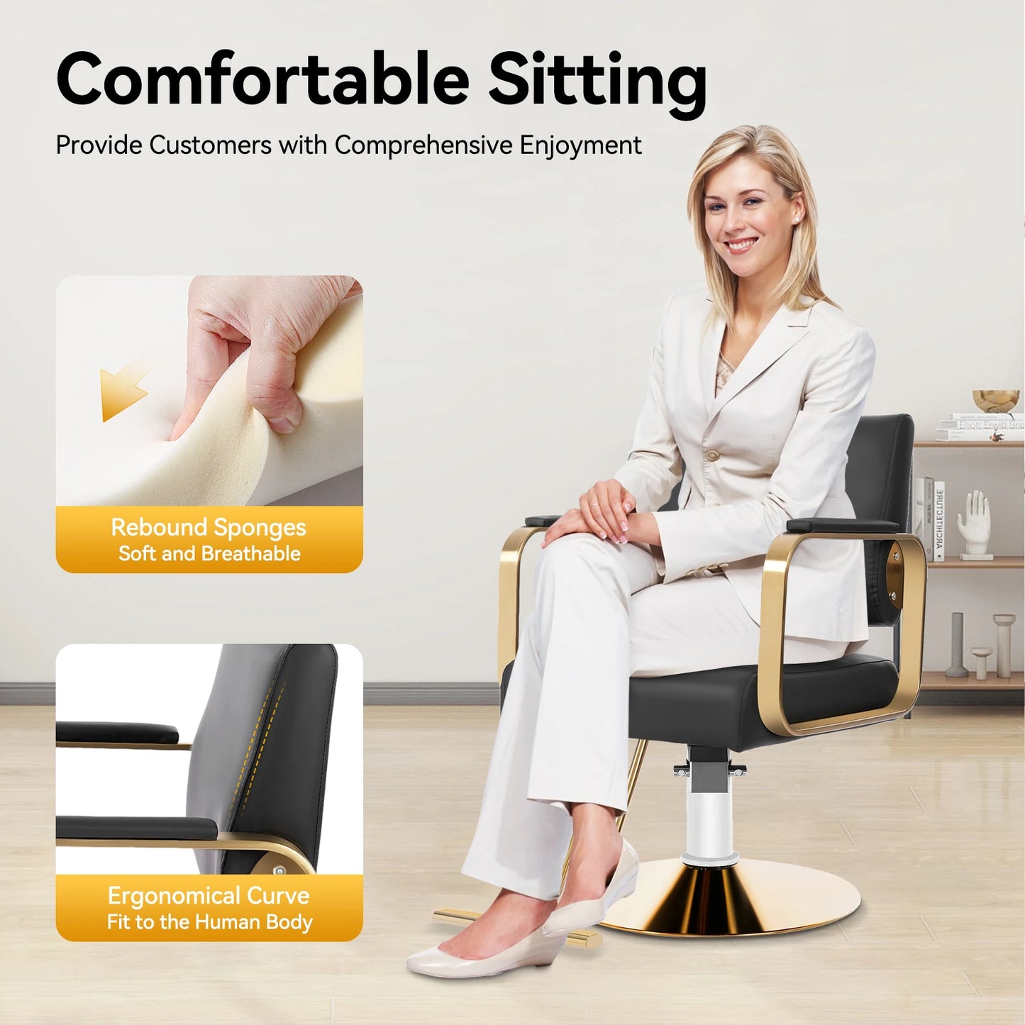 360-Degree Rotating Chair In The Hair Salon 440.92lbs Load 31.9-35.4in Height Black Golden Suitable For Salons Barber Shops Spas
