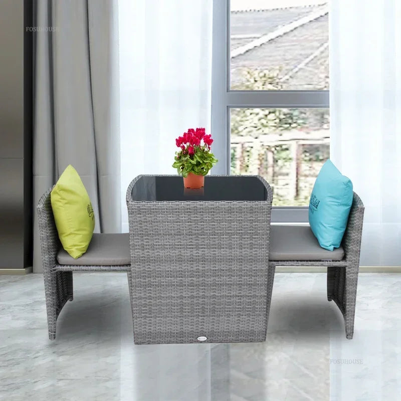 Balcony Rattan Garden Furniture Set 3-piece Courtyard Terrace Outdoor Round Table and Chairs Patio Leisure Table and Chairs B