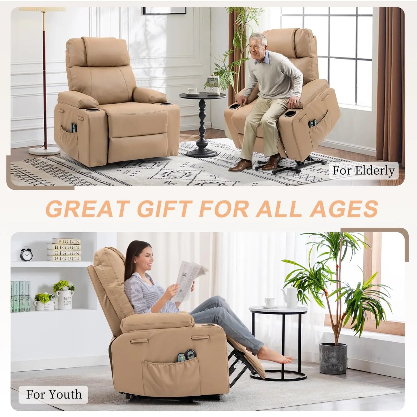 Dual Motor Power Lift Recliner for Elderly Adults with Heat Massage Lay Flat Feature Wireless Remote Cup Holder Customizable