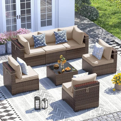 7-Piece Modular Wicker Outdoor Sectional Sofa Set with Waterproof Cover - Stylish Patio Furniture for Outdoor Conversations