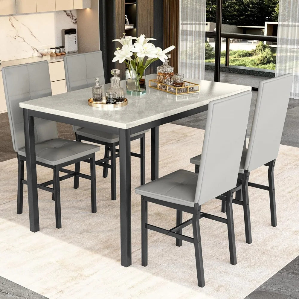 4-person Dining Table Set, Modern Artificial Marble Dining Table with 4 PU Leather Chairs, 5-piece Small Dining Table Set