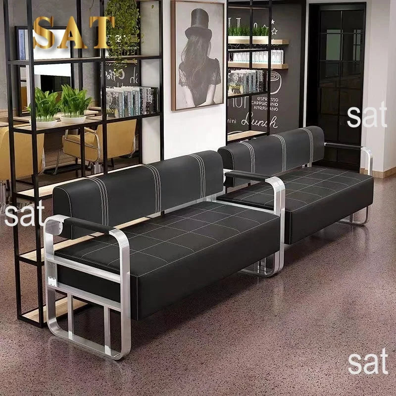 */Beauty Salon Barbershop Waiting Area Furniture Gold Metal Frame Leather Double Seats Room Chair