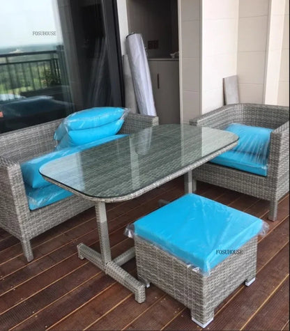 Nordic Outdoor Garden Sofas Leisure PE Rattan Garden Terrace Sofa Chair Set Courtyard Balcony Double Sofa Outdoor Furniture GG A