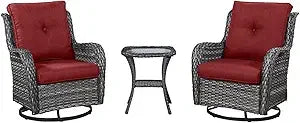 Chair Outdoor, Patio Bistro Furniture Conversation Set, Cushioned Wicker Chair with Glass Coffee