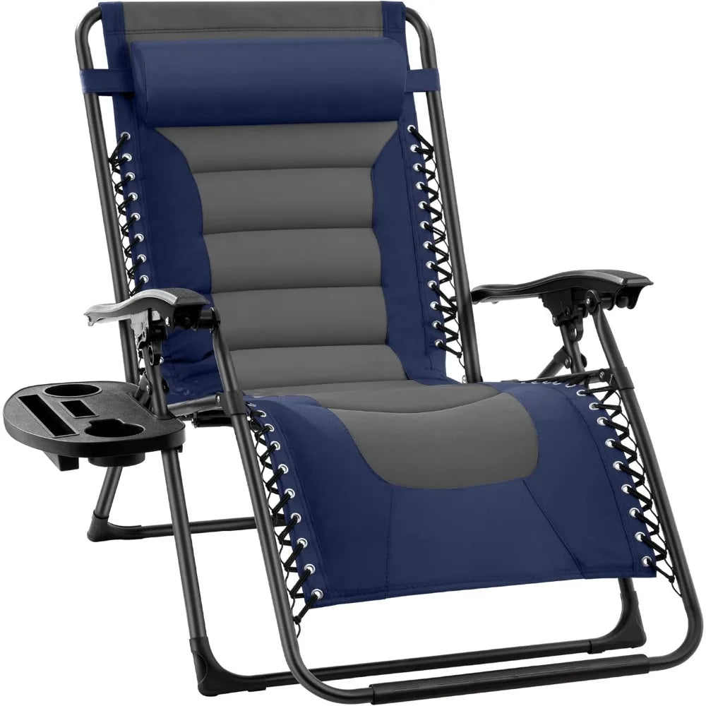 "large cushioned zero gravity patio chair with folding feature and xl size, ideal for outdoor relaxation with headrest and cup h