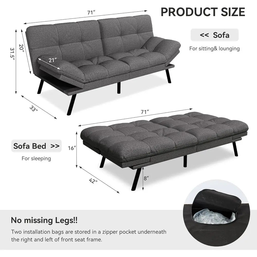 Convertible Sofa Bed with Grey Linen Upholstery, Detachable Cushion, Adjustable Backrest & Armrest, Ideal for Small Recliner Lov