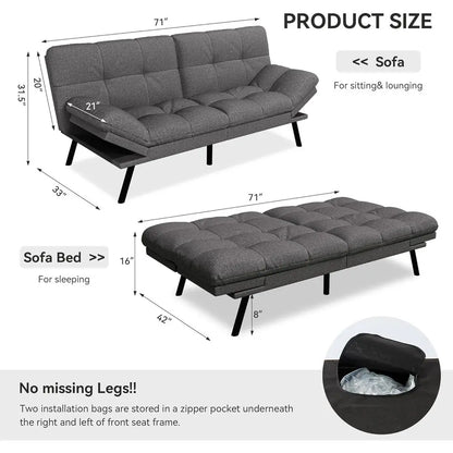 Convertible Sofa Bed with Grey Linen Upholstery, Detachable Cushion, Adjustable Backrest & Armrest, Ideal for Small Recliner Lov