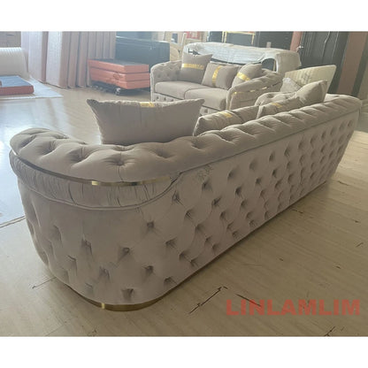 Luxury Chesterfield Sectional Sofa Set with Cloth Buttons and Fabric Modular Couch with Gold Stainless Steel Base, 3-seater Sofa