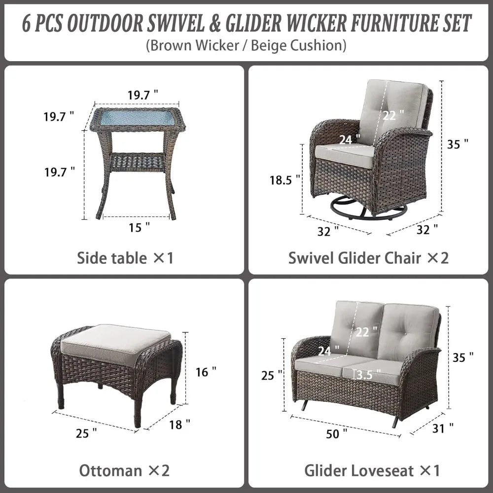 Hot Sale.Brown,6 Pieces Wicker Patio Conversation Sets with Outdoor Swivel Rocker Chairs and Loveseat Glider Chair-NEW
