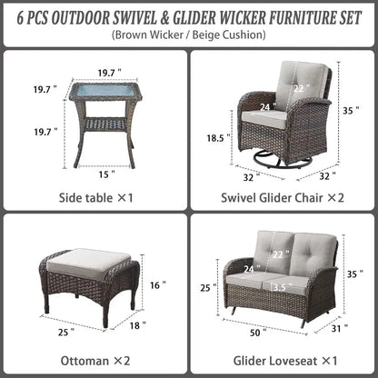 Hot Sale.Brown,6 Pieces Wicker Patio Conversation Sets with Outdoor Swivel Rocker Chairs and Loveseat Glider Chair-NEW