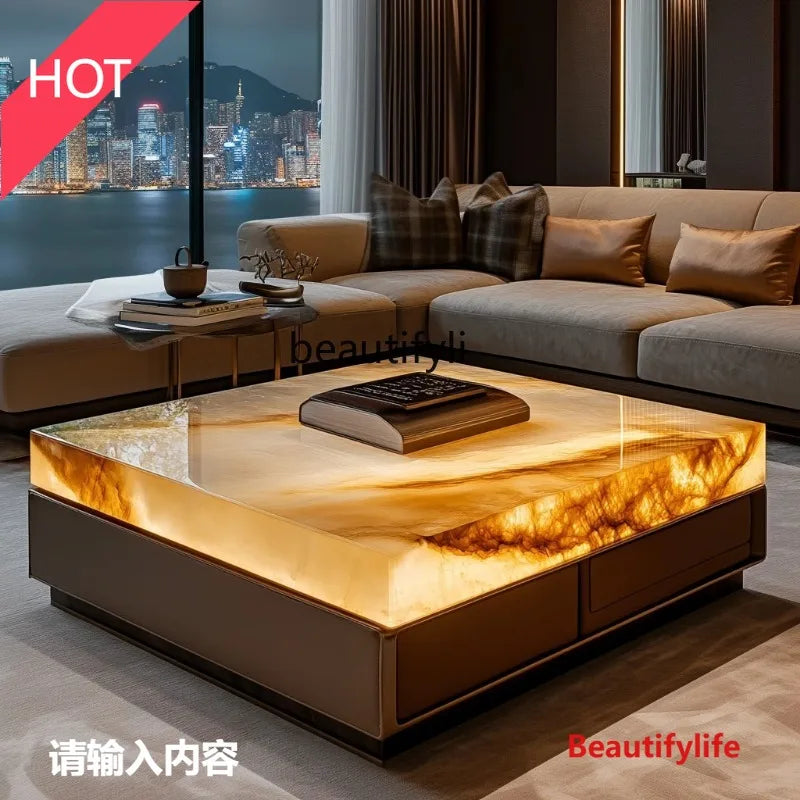 Leather luminous jade coffee table custom marble large flat-floor villa living room luxury stone modern home