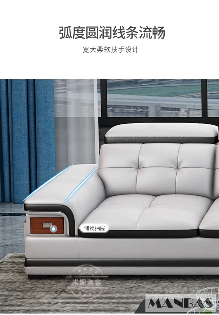 Linlamlim Luxury Genuine Leather Sectional Sofa with Adjustable Headrests, Projector, Speaker and Storage for Living Room Couch
