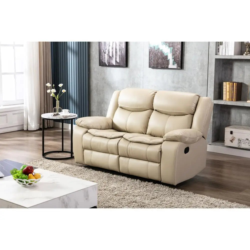 Cream Manual Recliner Loveseat Sofa Set 1+2+3 Seater Pillow Top Arms Pocket Spring Seating Leather Upholstery