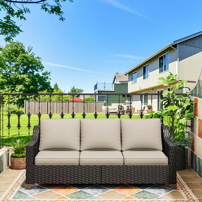 77'' Patio Sofa, All Weather Outdoor Rattan Wicker 3-Seat Sofa High Back Couch with Premium Cushions for Garden Backyard Porch(B