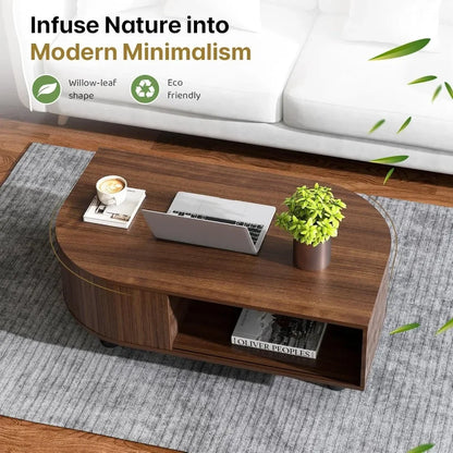 39" Mid-Century Leaf Coffee Table, Wood Storage Center w/ Fluted Sliding Door