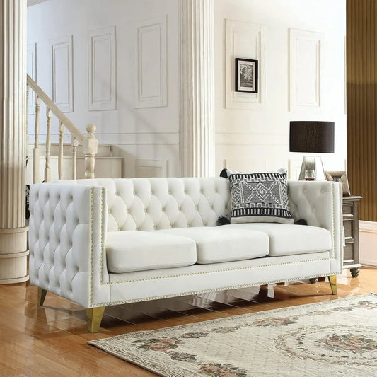 80-inch Modern Velvet 3-Seater Sofa with Button Tufted Design, Gold Metal Legs for Living Room