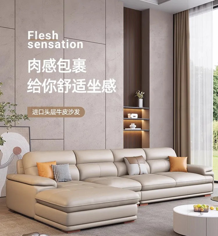 The first layer of cowhide leather sofa living room combination modern simple size apartment cream style leather sofa