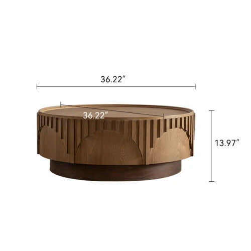 Coffee Table Round Wood Modern Solid Wood Veneer Handcrafted Relief Tea Table with Sturdy Pedestal for Apartment,Living Room