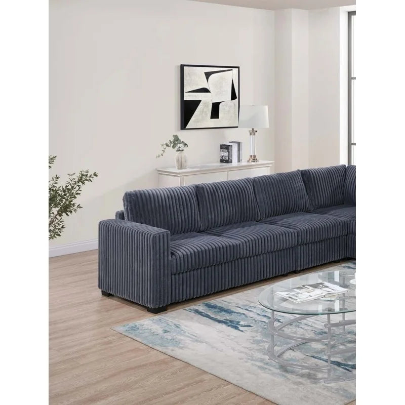 Elegant 4-Pc Sectional Set Dark Gray One Arm Loveseat Corner Wedge Armless Chair Corduroy Upholstered L-Shaped Plush Couch