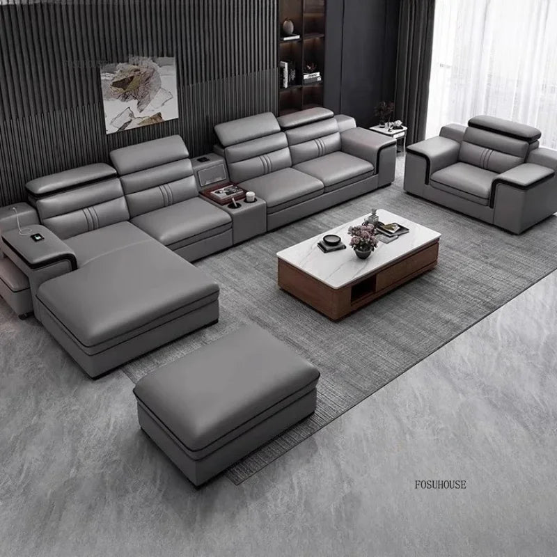 Modern Large Apartment Chaise Leather Sofa Combination Set Light Luxury Living Room Sofas Creative Office Comfortable Large Sofa
