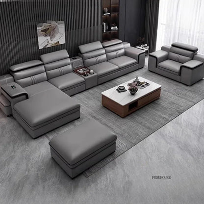 Modern Large Apartment Chaise Leather Sofa Combination Set Light Luxury Living Room Sofas Creative Office Comfortable Large Sofa