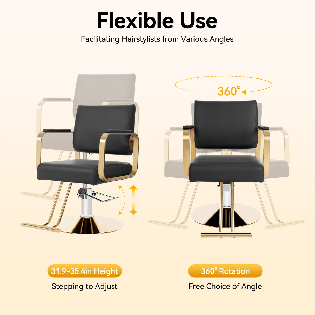 360-Degree Rotating Chair In The Hair Salon 440.92lbs Load 31.9-35.4in Height Black Golden Suitable For Salons Barber Shops Spas