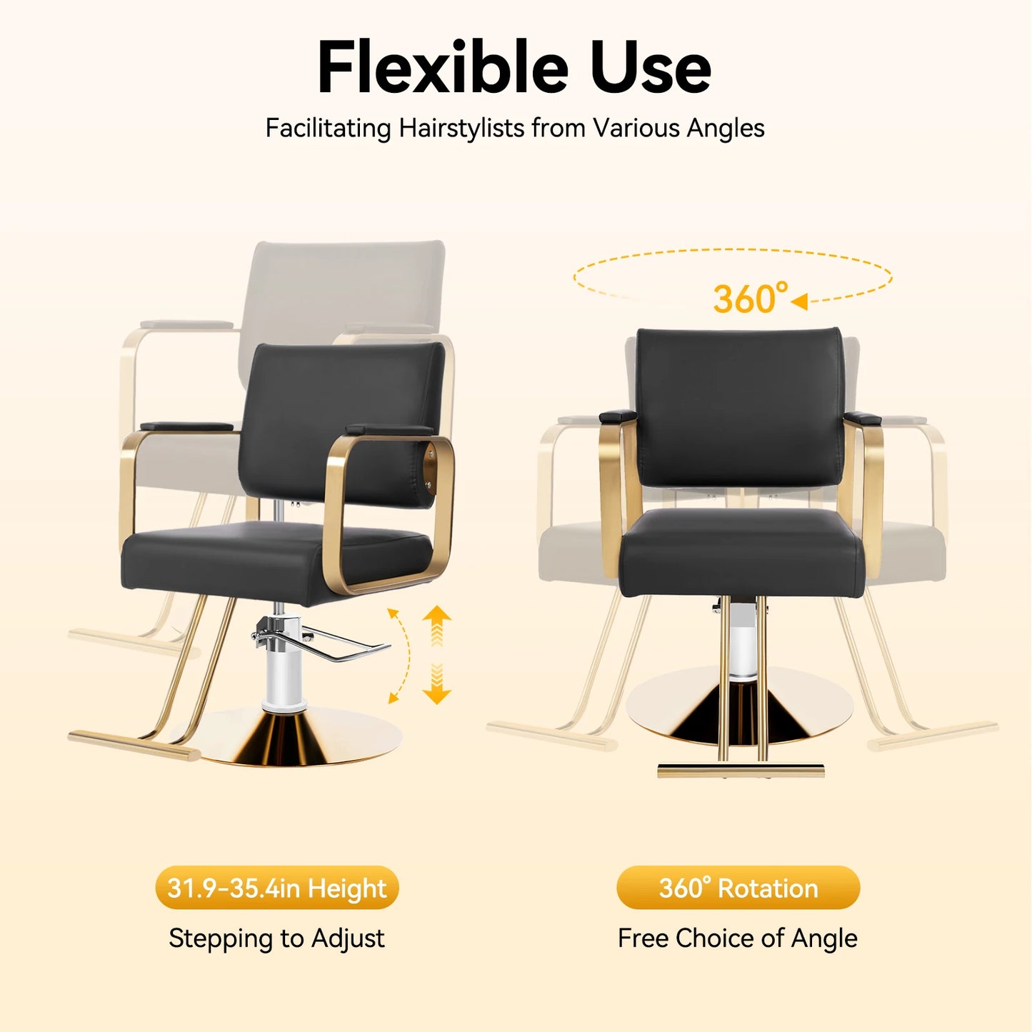 360-Degree Rotating Chair In The Hair Salon 440.92lbs Load 31.9-35.4in Height Black Golden Suitable For Salons Barber Shops Spas